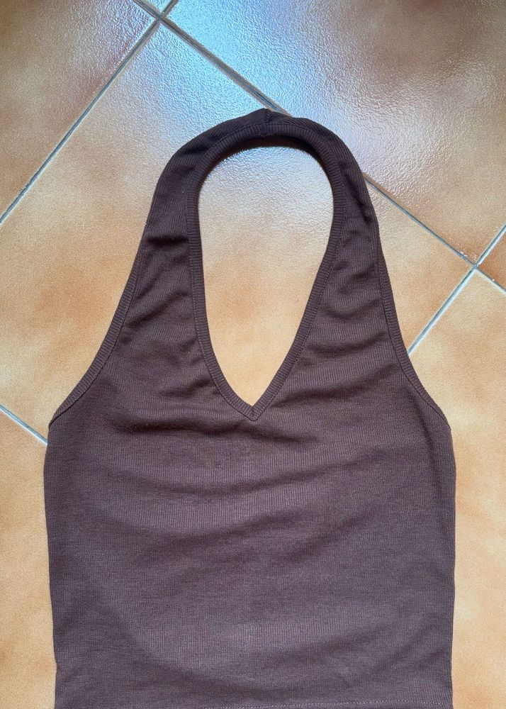 Brown Halter Neck Crop Top