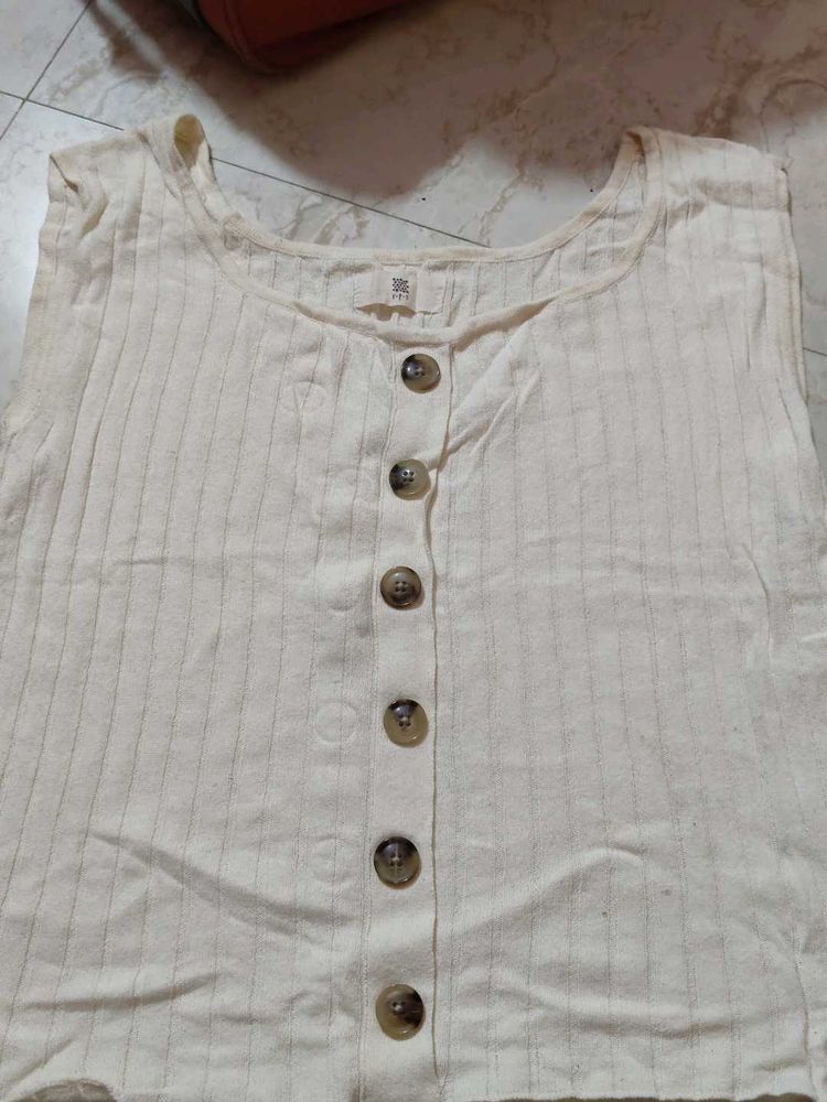 Cream Ribbed Button-Up Sleeveless Top