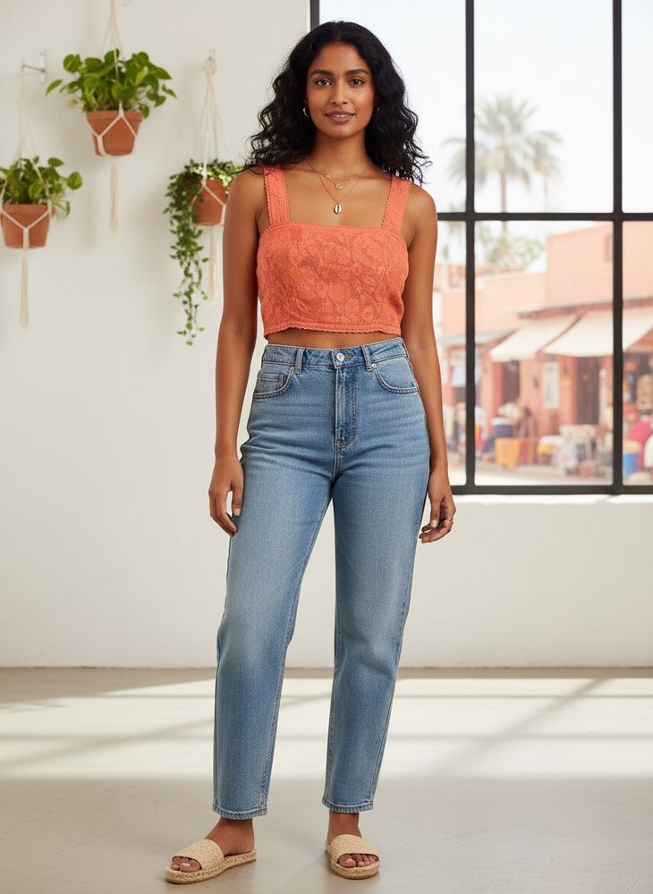 Coral Crochet Square Neck Crop Top