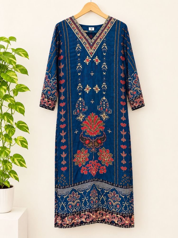 Blue Printed V-Neck Kurta