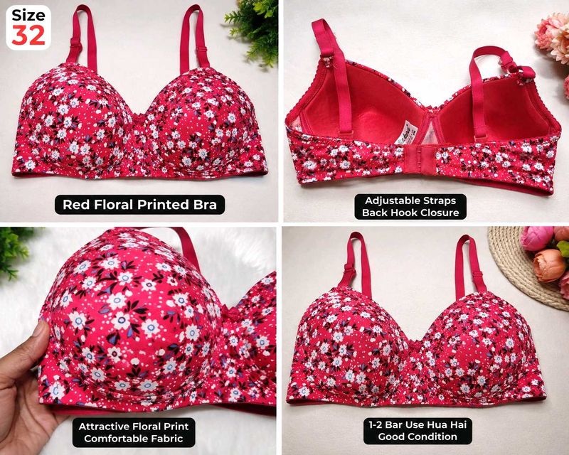Red Floral Printed padded Bra | Size 32 | Adjustab