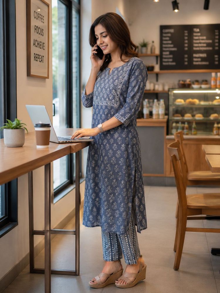 Women's greyish blue Printed Kurta Set