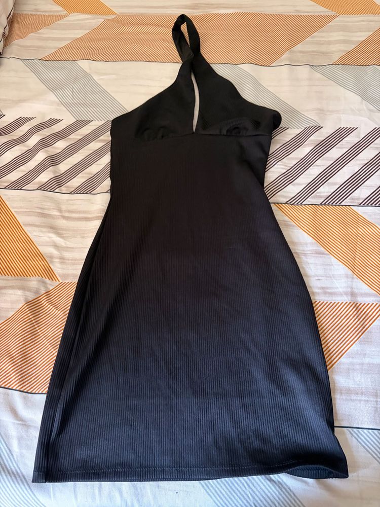 Black Ribbed Halterneck Mini Dress