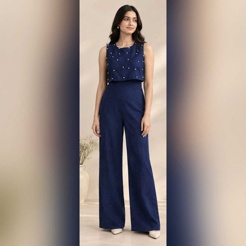 Chic Denim Jumpsuit with Pearl Embellishment