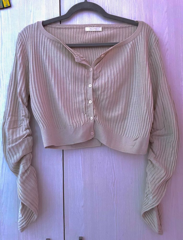 Beige Ribbed Cropped long Sleeve Cardigan