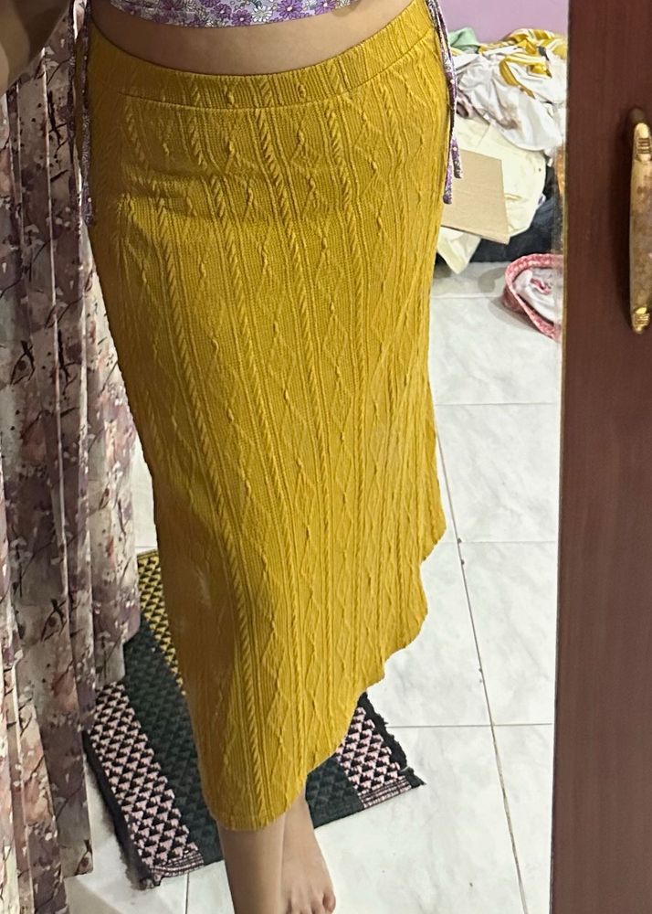Yellow Knit Midi Skirt