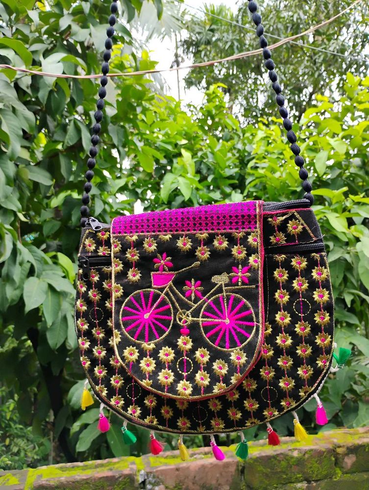 Embroidered Black Bicycle Sling Bag NEW