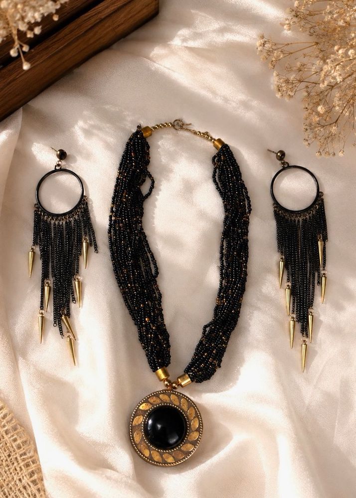Boho Black Beaded Necklace &amp; Earring Set