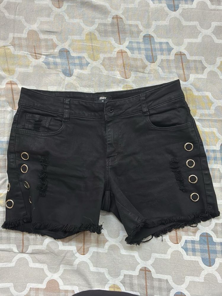 Stylish Black Denim Shorts with Eyelet Detail