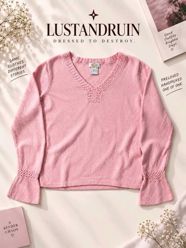 PINK V-NECK CROCHET TRIM KNIT TOP