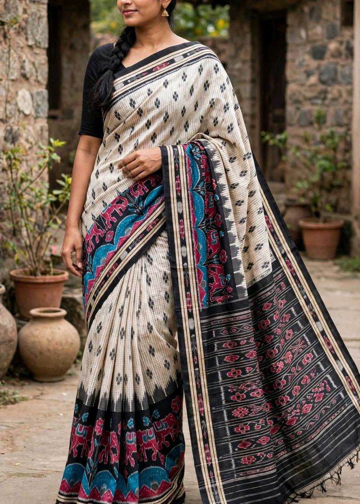 Elegant Cream &amp; Black Saree