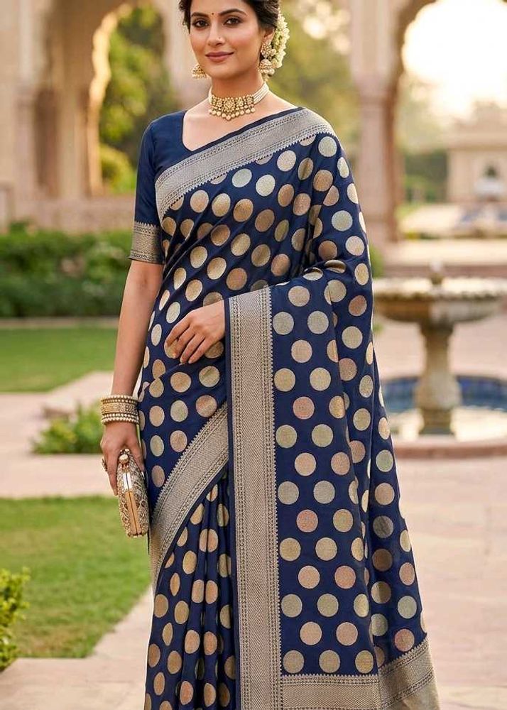 Elegant Navy Polka Dot Saree