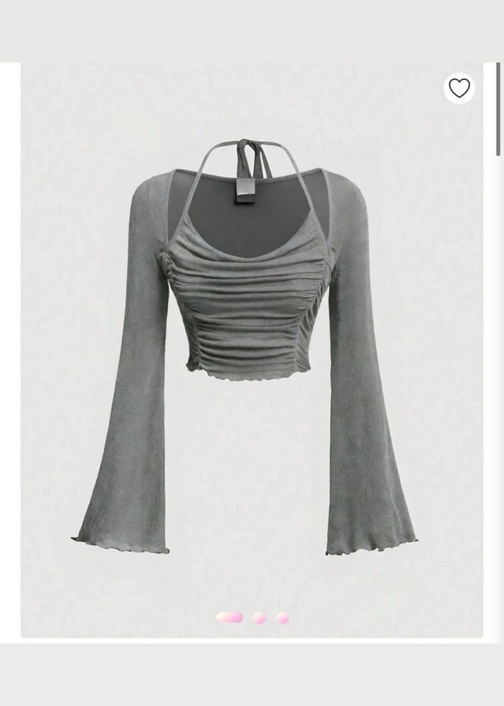 Grey Ruched Bell Sleeve Crop Top