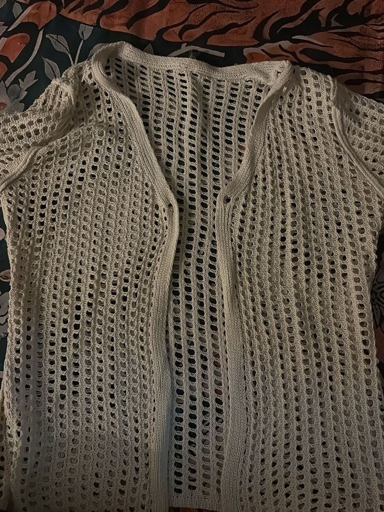 Cream Crochet Open Front Cardigan