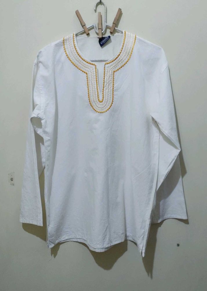 Cibuka Unisex White Tunic Kurti Gold Embroidery