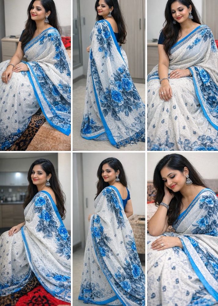 White saree with blue floral design beautifully ca