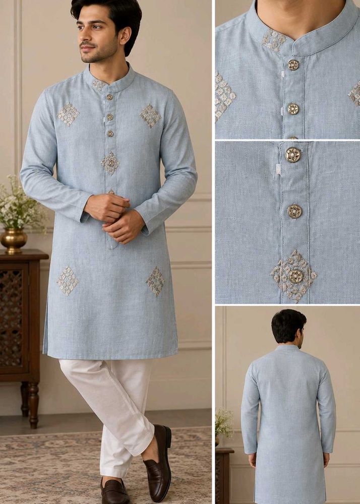 Men's Powder Blue Embroidered Kurta