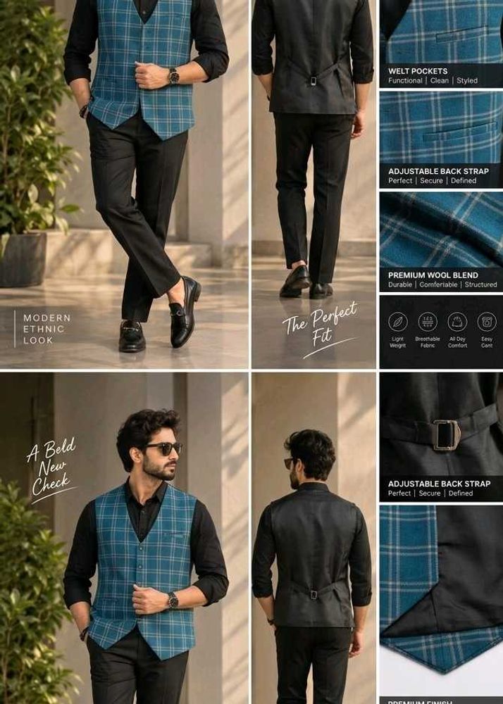 Men's Teal Checkered Waistcoat Set