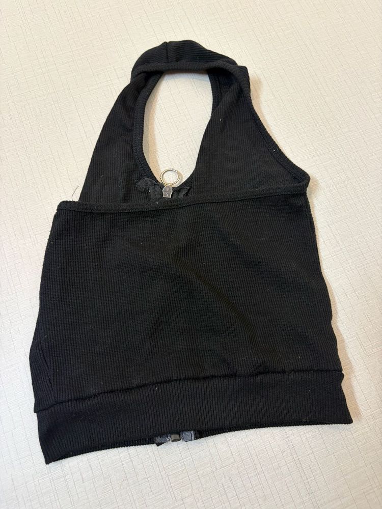 Black Halter Neck Ribbed Crop Top