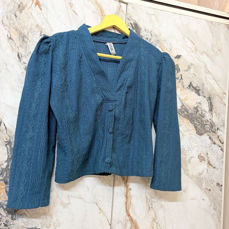 Teal Textured Button-Up Top