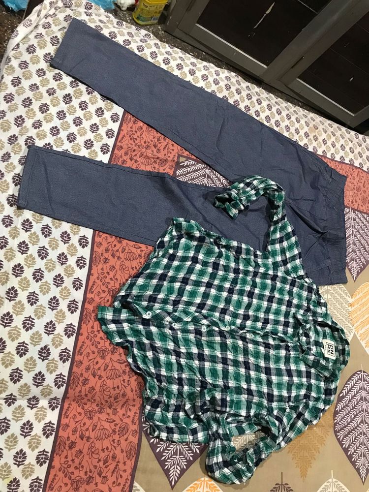 Stylish Blue Pants and Green Checkered Shirt
