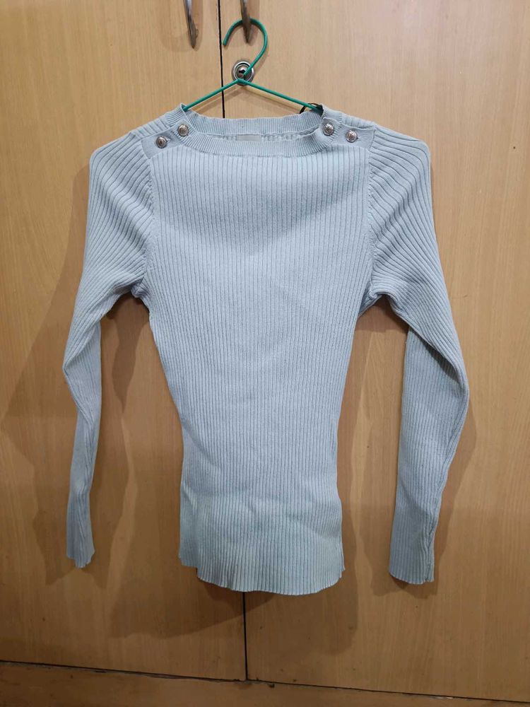 Light Blue Ribbed Button Shoulder Top