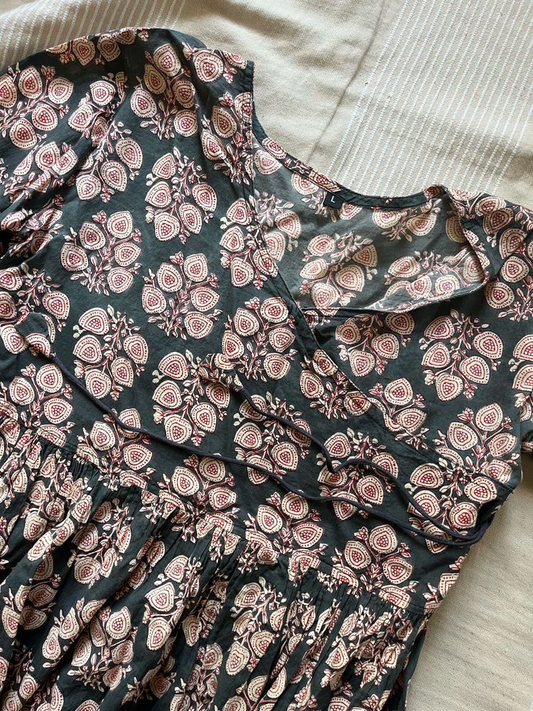 Boho Floral Block Print Cotton Dress - Size L