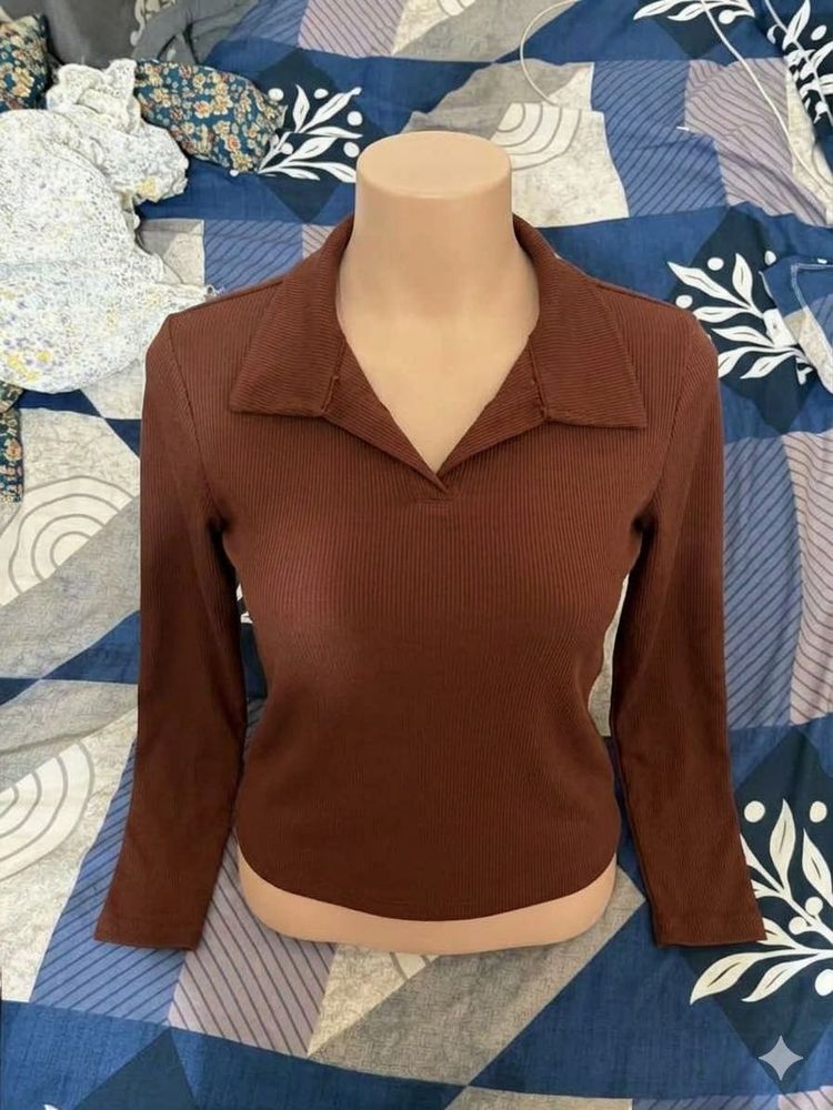 Ribbed Collared Long Sleeve Top