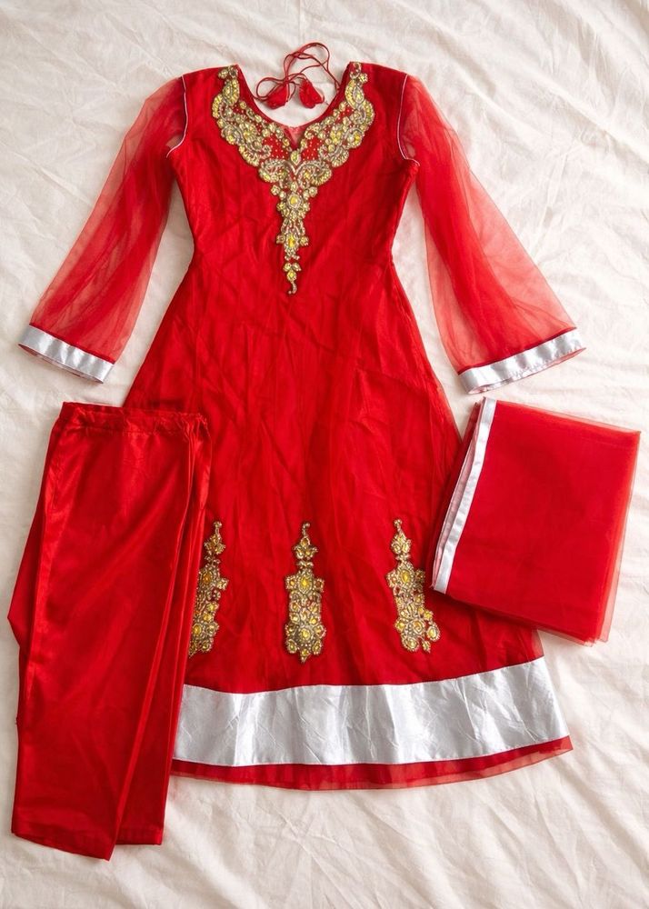 Red Embellished Anarkali Set