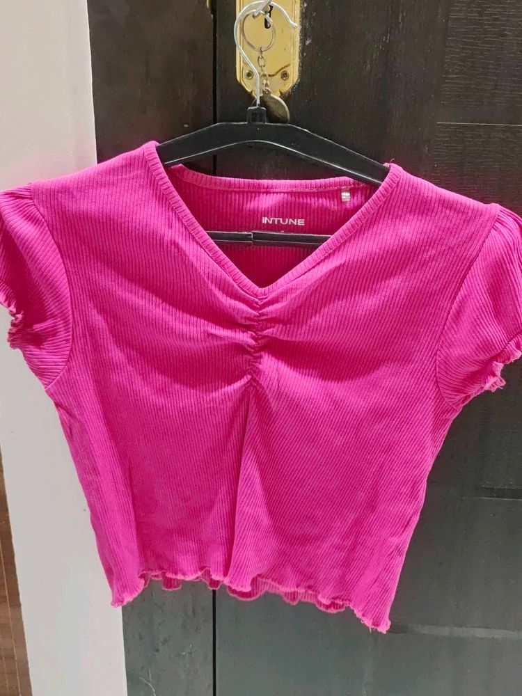 Ruffled Neck Pink Cropped Top