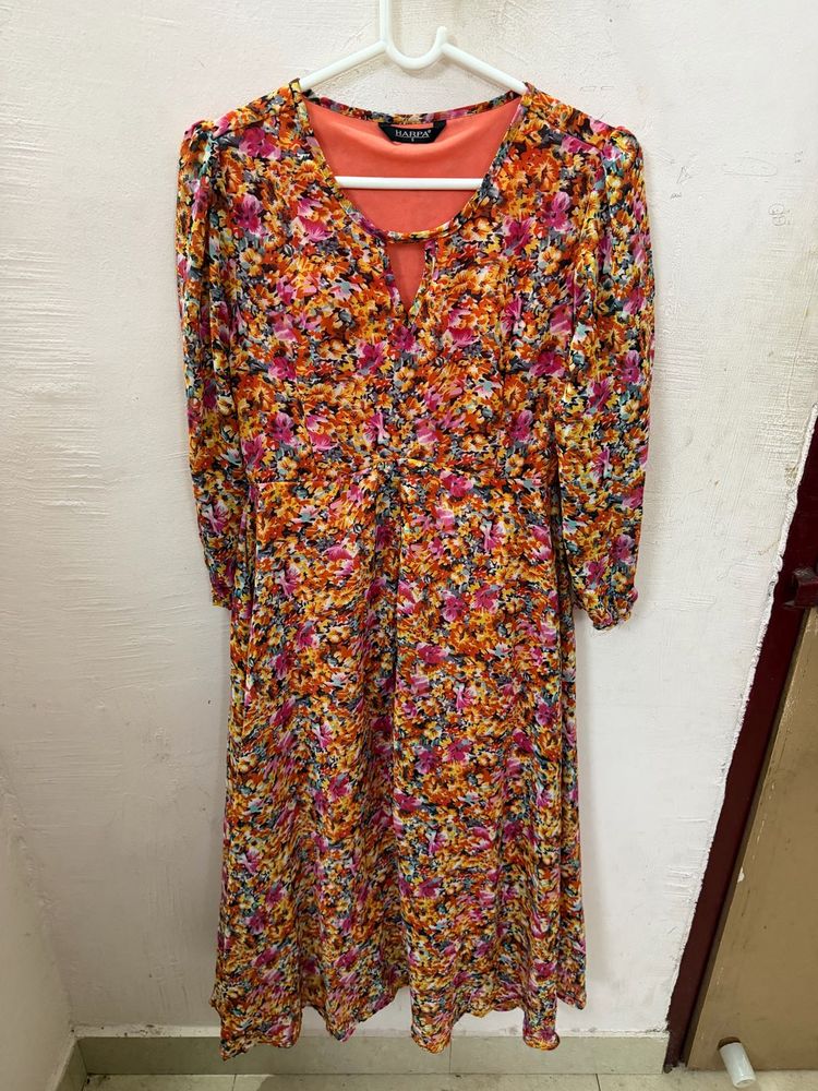 Vibrant orange Floral Midi Dress