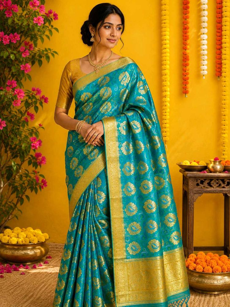 Stunning Teal Banarasi Silk Saree-only saree