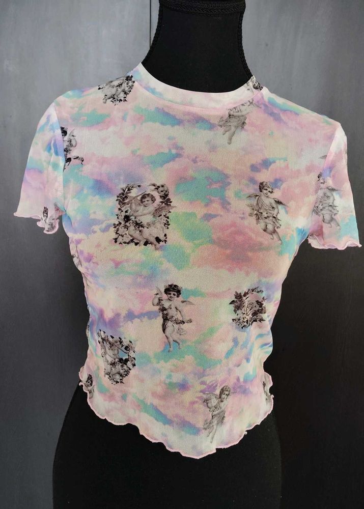 Sheer Cherub Print Mesh Top