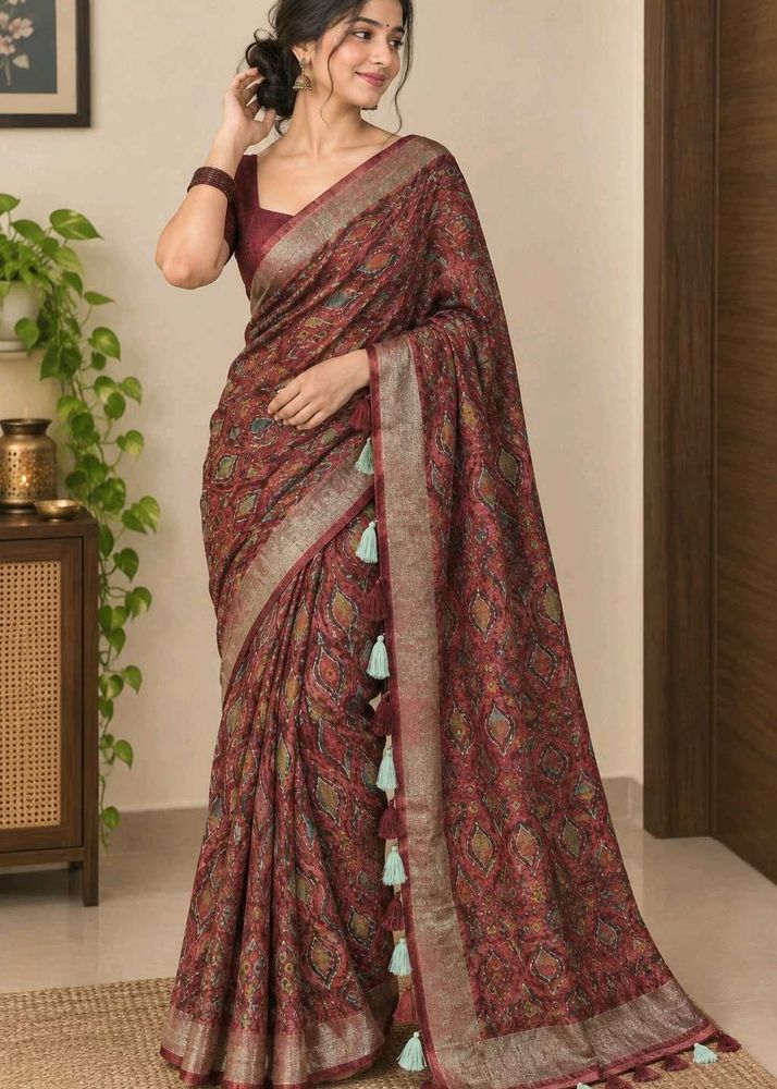Maroon Printed  Blend Saree