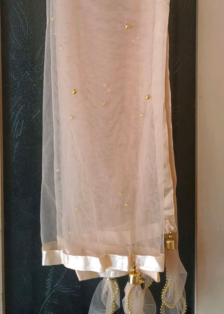"Pinterest Peach Net Dupatta with Pearl Beads"