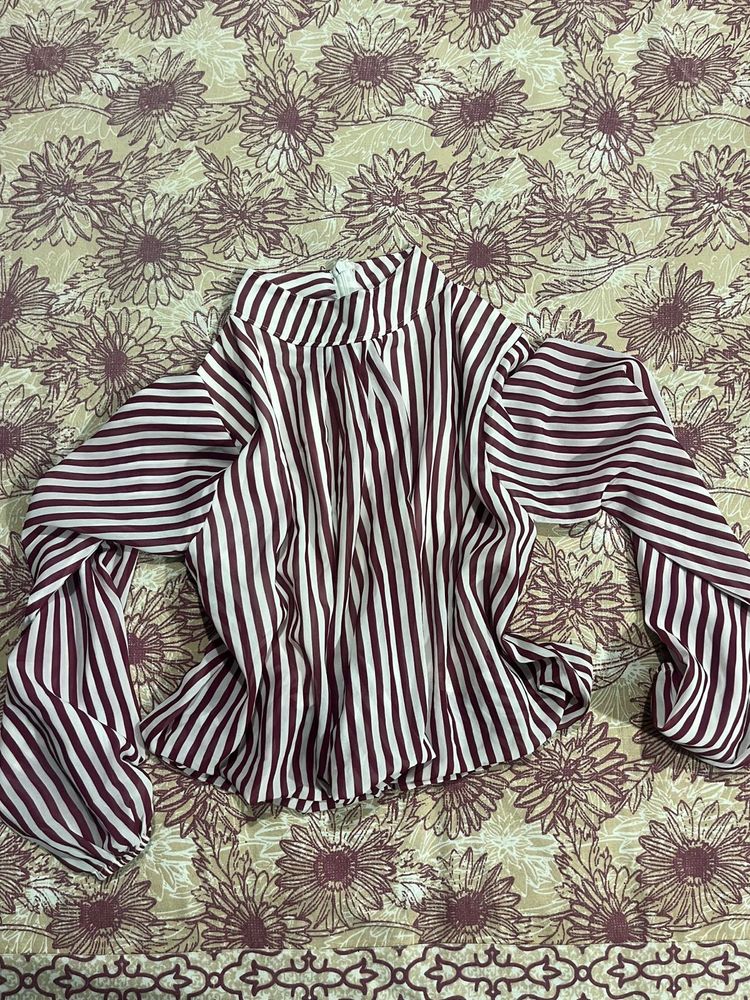 Maroon Striped Puff Sleeve Blouse