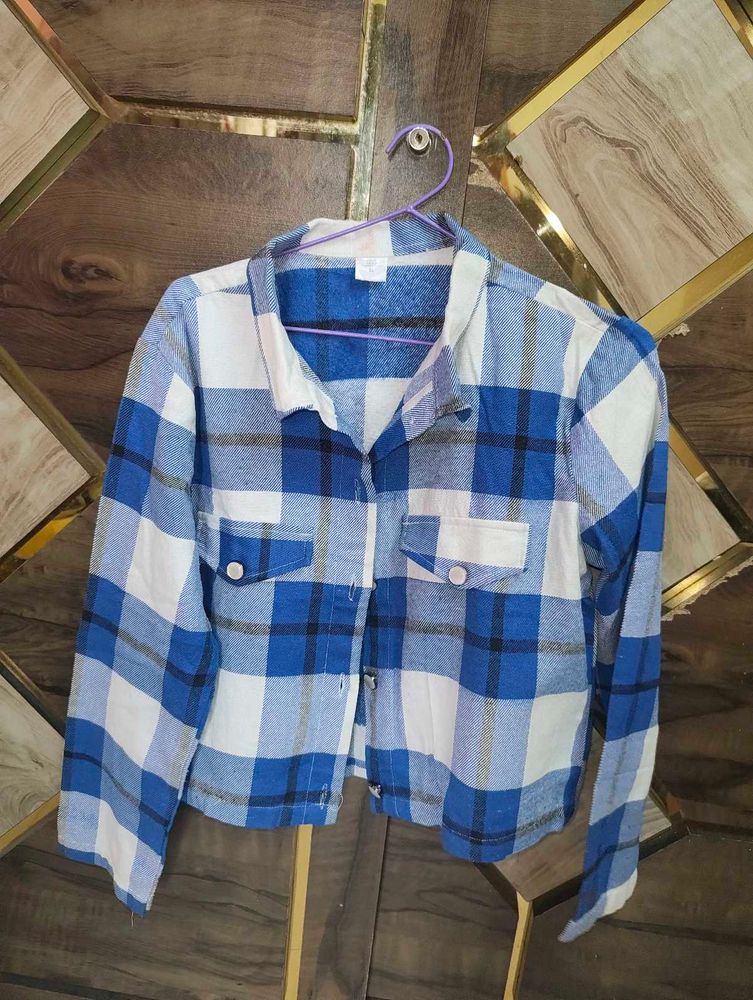 Korean Blue Plaid Cropped Shirt