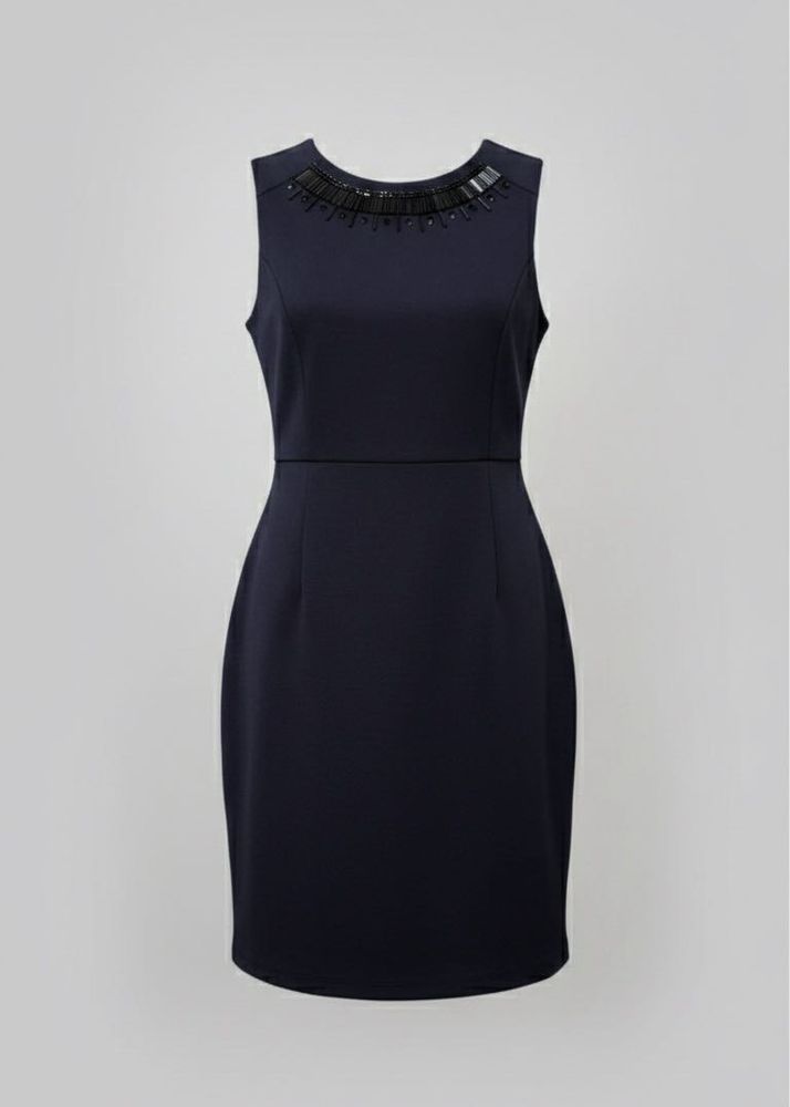 Elegant Navy Beaded Neckline Dress