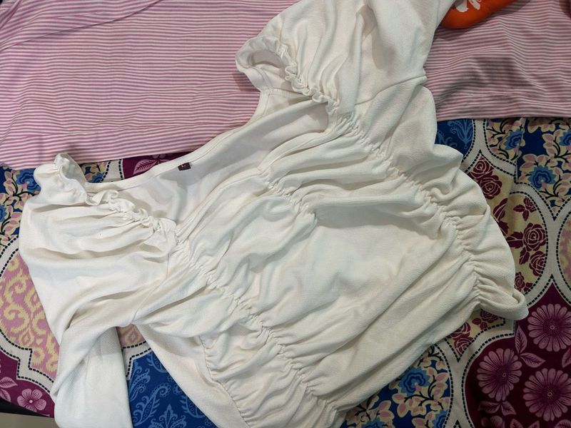 White Ruched Long Sleeve Top
