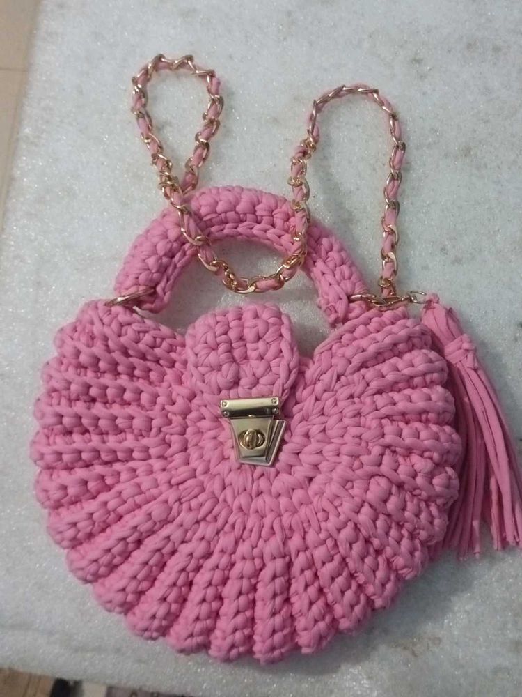 Pink Crochet Handbag with Chain Strap