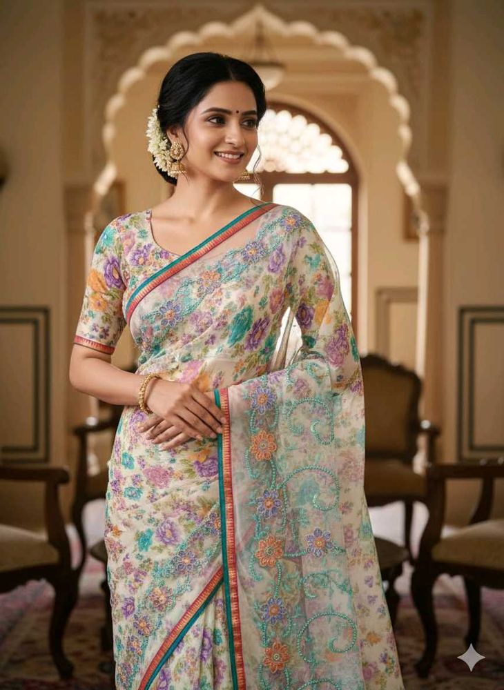 🆕New Net Floral Print Saree with Blouse