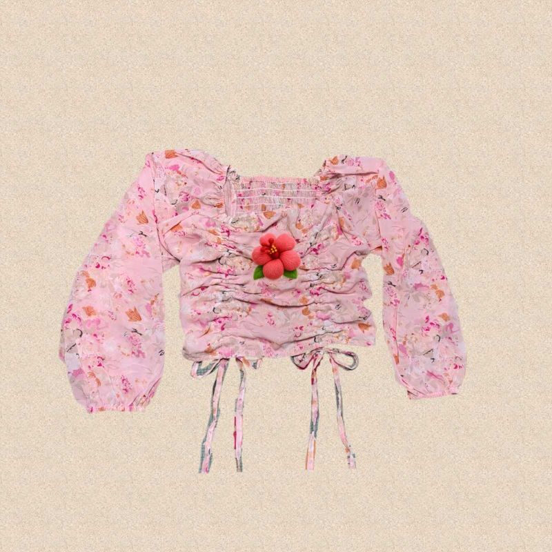 Pink Floral Ruched Crop Top🌸🌀