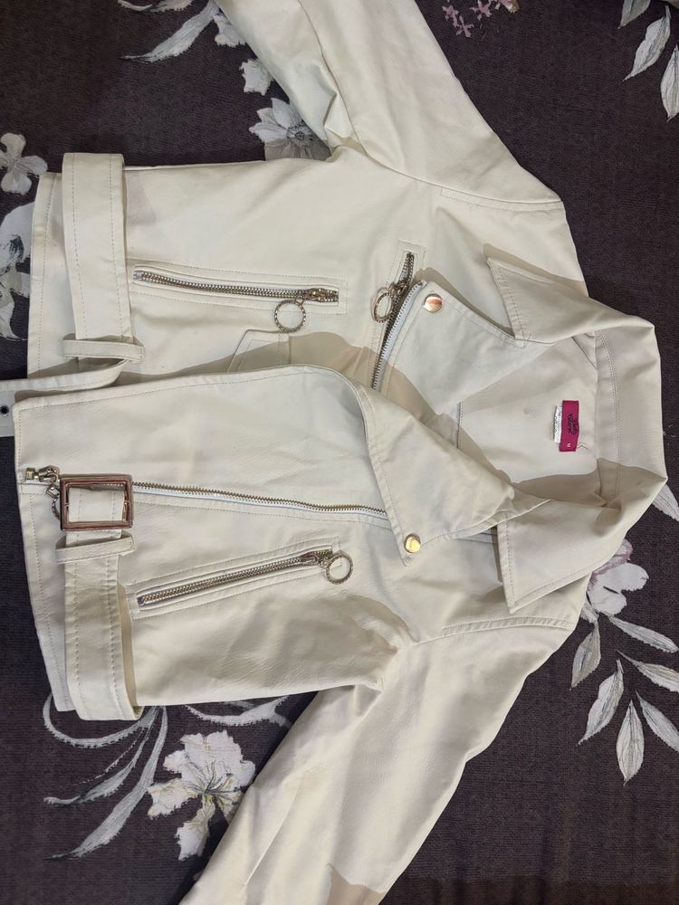 Cream Faux Leather Biker Jacket