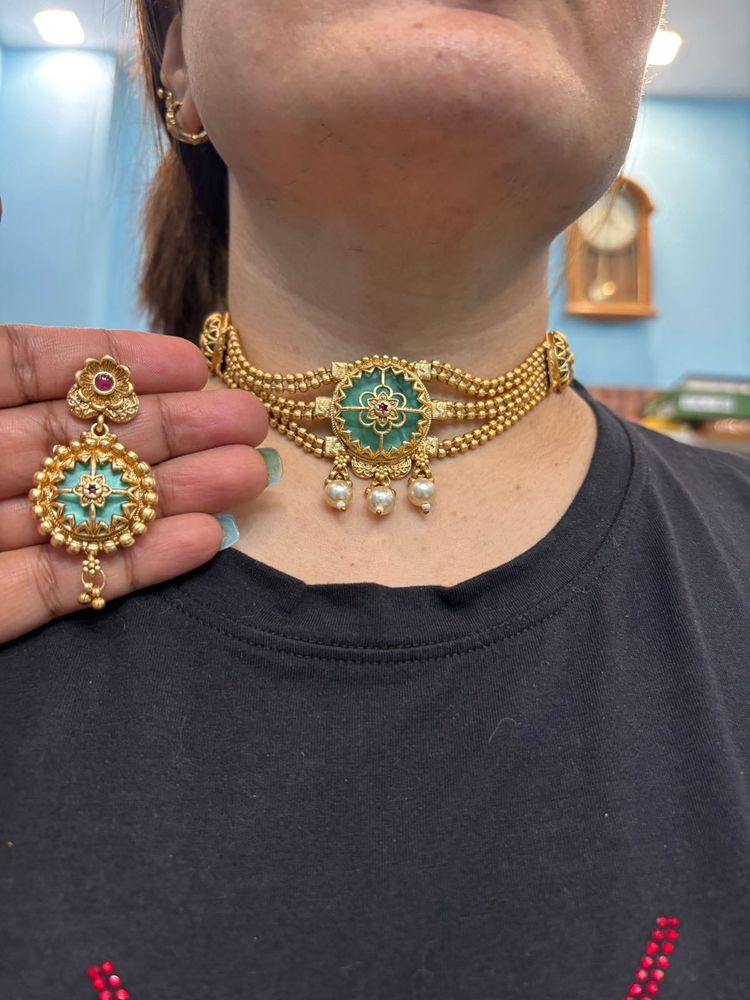 Gold Choker Necklace with Earrings Set