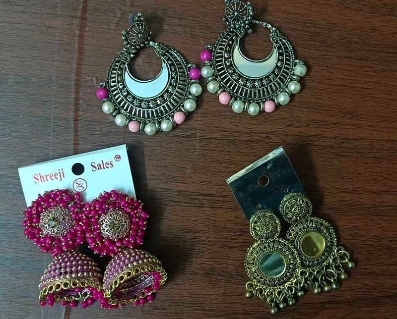 3 Pairs Jhumka Earrings and bracelet Set