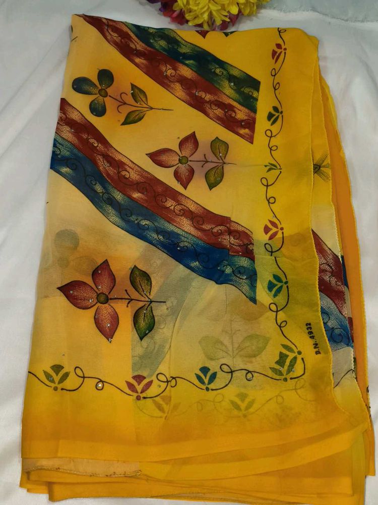 Vibrant Yellow Printed Saree with blouse