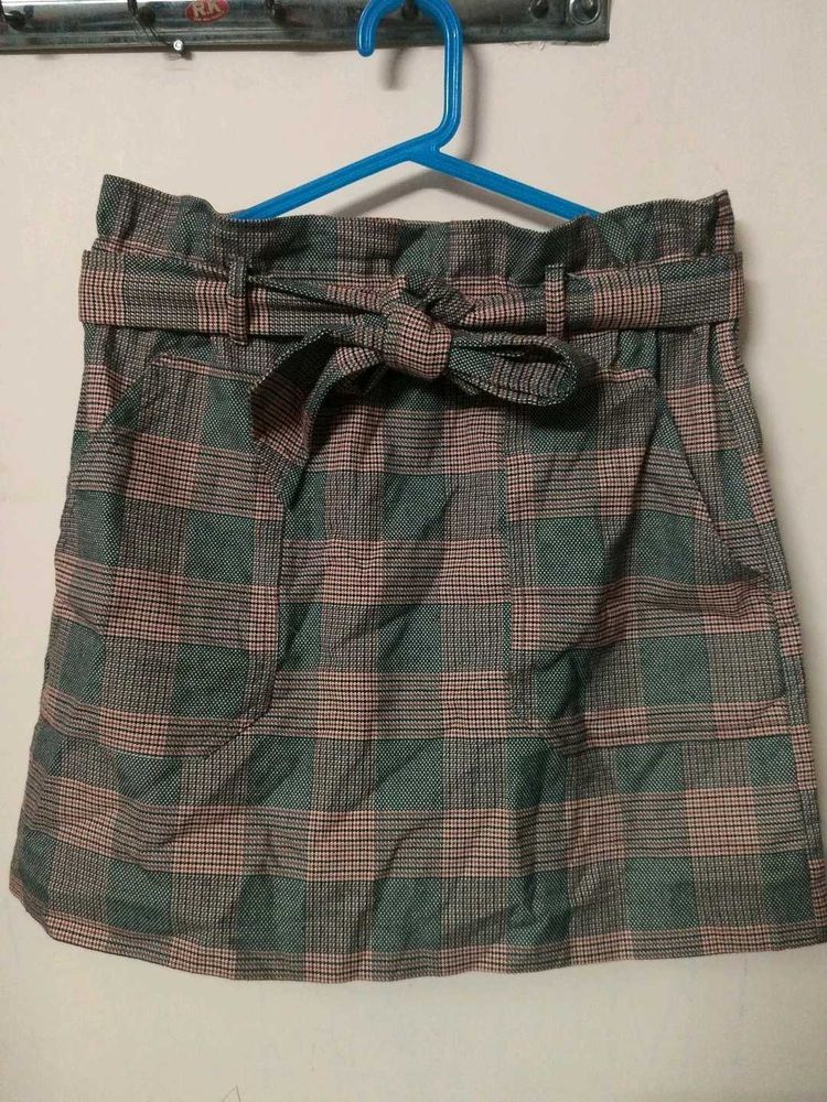 Plaid Paperbag Waist Skirt with Belt