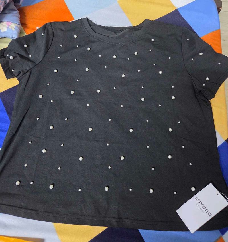 Savana Black Pearl Embellished T-Shirt