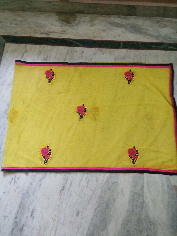 Yellow Net Floral Embroidered Dupatta Hijab
