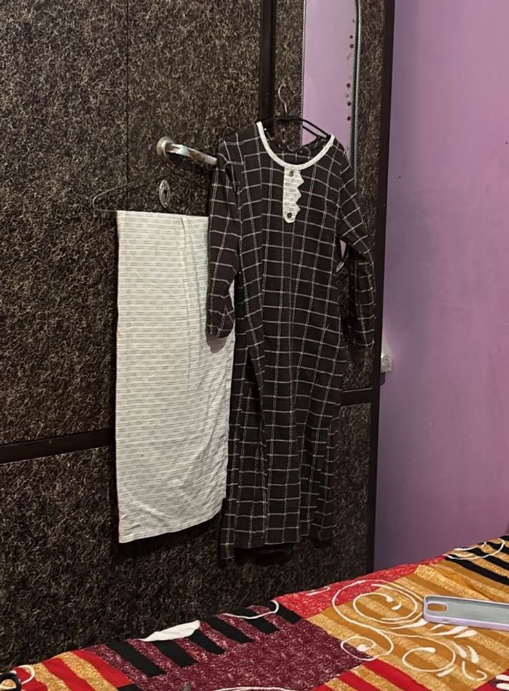 Brown Checked Kurta with White Lace Detail